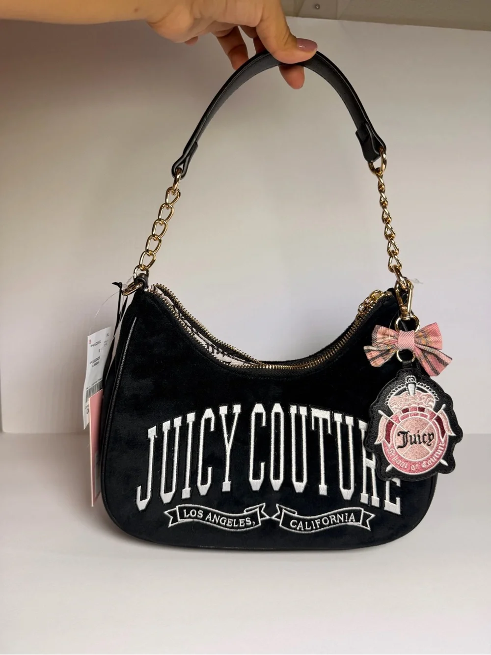 Juicy Couture Black Velour Shoulder Bag with Pink Bow Charm